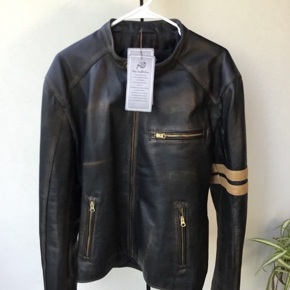 Leather Jacket Men's Dark Brown Cafe Racer size Large Brand NEW from jild - Picture 2 of 16